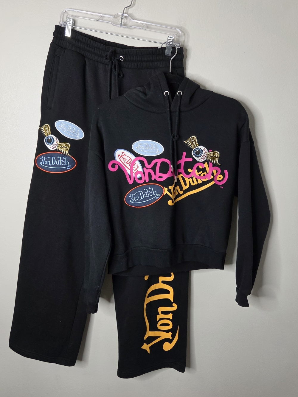 Von Dutch Teen Girls Black Patch Two-Piece Hoody & Wide Leg Sweatpants